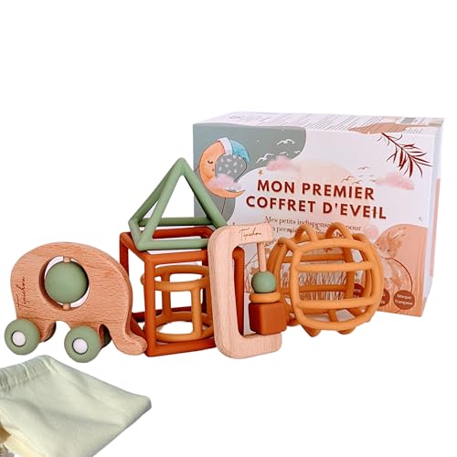 Spielzeug für Babys 1. Alter – Set zur Geburt Unisex Montessori Jungen und Mädchen – 5 Spiele für Aktivität und sensorische Entwicklung aus Holz und Silikon: Ball, Formen, Räder, 3 Monate bis 3 Jahre von TIPICHOU