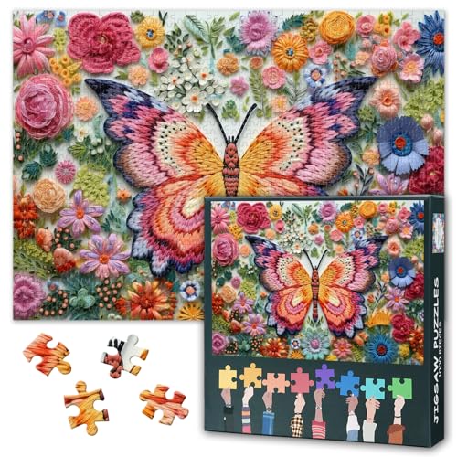 1000 Teile Schmetterlinge und Blumen Puzzle für Erwachsene, Stickerei von Schmetterling, herausforderndes Puzzle für Erwachsene, Kunstwerk, Dekor, Intelligenz-Puzzles für Familie, Indoor-Spiele, 69,8 von TISHIRON