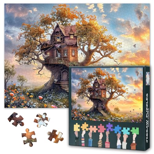 1000 Teile skurriles Baumhaus-Puzzle, spektakuläre Landschaft, Herausforderung und lustiges Puzzle für Erwachsene, Familie, Dekompressionspuzzle, florale Wandkunst, Dekoration, 69,8 x 50 cm von TISHIRON