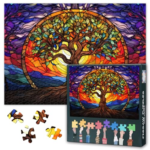 Baum des Lebens Puzzles für Erwachsene 1000 Teile Buntglas-Stil Puzzles Baum des Lebens und Sonne Jigsaw Puzzle 1000 Teile, Impossible Puzzle, 19,5 x 27,5 Zoll von TISHIRON