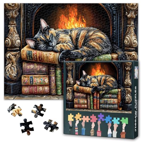 Katze Schläft Friedlich auf Einem Stapel Antiker Bücher vor Einem Warmen Kamin Premium-Puzzlespiel für Erwachsene mit 1000 Teilen, Puzzlespiel für Erwachsene und Familien, 70 x 50 cm Katze Schläft Friedlich auf Einem Stapel Antiker Bücher vor Einem Warmen Kamin Premium-Puzzlespiel für Erwachsene mit 1000 Teilen, Puzzlespiel für Erwachsene und Familien, 70 x 50 cm von TISHIRON
