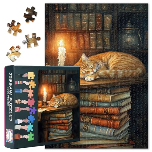 Katzen-Puzzle – Eine Gemütliche Orangefarbene Katze Schläft auf Einem Stapel Bücher 1000-teiliges Puzzle für Erwachsene – Langlebiges Puzzle für Erwachsene für die Ganze Familie – Größe: 20X27 INCH Katzen-Puzzle – Eine Gemütliche Orangefarbene Katze Schläft auf Einem Stapel Bücher 1000-teiliges Puzzle für Erwachsene – Langlebiges Puzzle für Erwachsene für die Ganze Familie – Größe: 20X27 INCH von TISHIRON