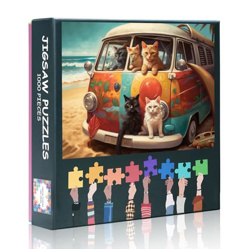 Katzen Puzzles für Erwachsene 1000 Teile - Tierpuzzle für Erwachsene Puzzle 1000 Teile 69,8 x 50 cm Puzzle für Erwachsene - Katzen sitzen auf dem Auto von TISHIRON