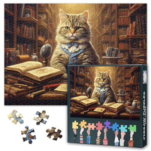 Katzenpuzzles für Erwachsene 1000 Teile Professor Katze in einer Bibliothek Jigsaw Puzzles 1000 Teile Surrealistisches Puzzle für Erwachsene, Impossible Puzzle, 19,5 x 27,5 Zoll von TISHIRON