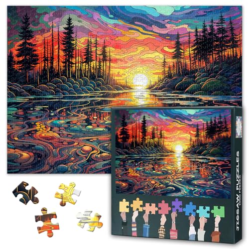 Landschaft Puzzles Sonnenuntergang über dem Wald See Puzzles für Erwachsene 1000 Teile, Impossible Hard Hard Hard Challenging Puzzle für Erwachsene, 19,5 x 27,5 Zoll von TISHIRON