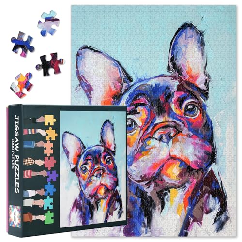 Ölgemälde-Puzzle für Erwachsene, abstrakte französische Bulldogge, 1000 Teile, hochwertiges mattes Finish, anspruchsvolle Kunsttherapie, Wanddekoration, Geschenk für Hundeliebhaber (50 x 70 cm) von TISHIRON