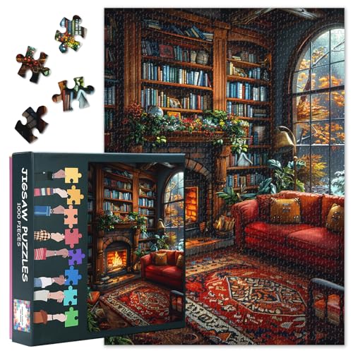 Puzzle mit 1000 Teilen für Erwachsene, gemütliche Vintage-Bibliotheksszene mit warmem Kamin, Bücherregalen aus Holz und üppigen Pflanzen, Puzzles 1000 Teile für Erwachsene, Innenkunst (69,8 x 50 cm) Puzzle mit 1000 Teilen für Erwachsene, gemütliche Vintage-Bibliotheksszene mit warmem Kamin, Bücherregalen aus Holz und üppigen Pflanzen, Puzzles 1000 Teile für Erwachsene, Innenkunst (69,8 x 50 cm) von TISHIRON