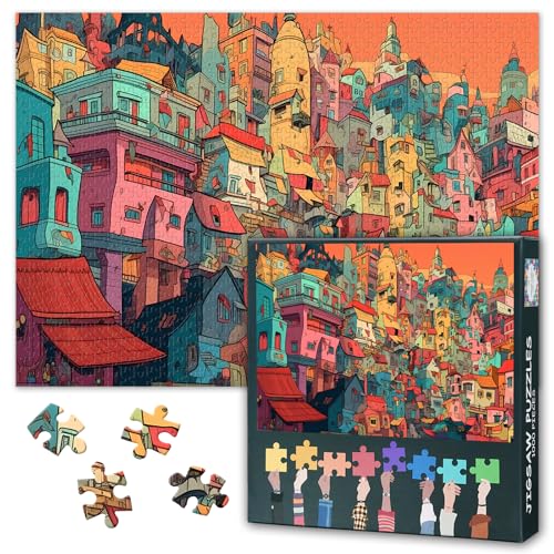 Stadt-Puzzle, 1000 Teile, buntes Stadtpanorama mit Häusern und Dächern, Puzzle für Erwachsene, 1000 Teile, unmöglich, schwierige Situation, Puzzles, 19,5 x 27,5 Zoll von TISHIRON