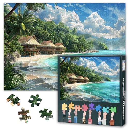 Tropischer Strand 1000 Stück Puzzle für Erwachsene Palmenhäuser und das Meer Puzzle Home Wanddekoration Jugendliche Familie Herausforderung Spiel Geeignet für Spiel Nächte Größe: 70x50cm Tropischer Strand 1000 Stück Puzzle für Erwachsene Palmenhäuser und das Meer Puzzle Home Wanddekoration Jugendliche Familie Herausforderung Spiel Geeignet für Spiel Nächte Größe: 70x50cm von TISHIRON