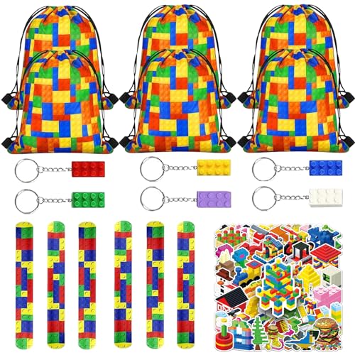 68 PCS Blöcken Themen Party-Mitgebsel, Bauklötze Kindergeburtstag Gastgeschenke Set, 6 Kinderpartys Kordelzugtaschen 6 Bauklötze Schlüsselanhänger 6 Schnapparmbänder 50 Aufkleber, Geburtstag Giveaway von TIVUNORON