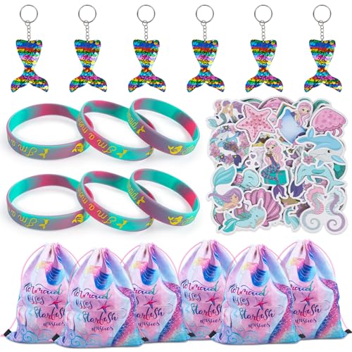 TIVUNORON 68PCS Meerjungfrau Party Mitgebsel Kindergeburtstag Geschenke Set, Mit Kordelzug Tüten Silikon Armband Schlüsselanhänger Für Meerjungfrau Mädchen Geburtstag Deko von TIVUNORON