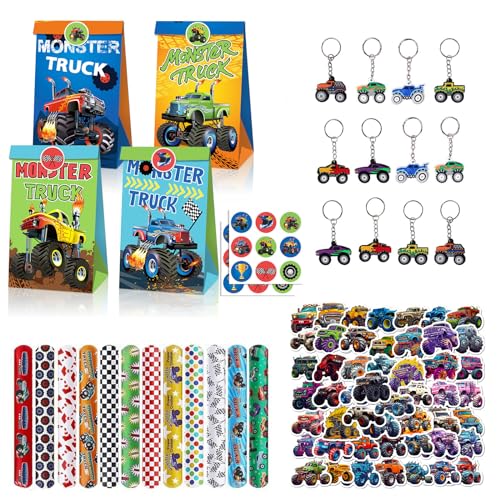 TIVUNORON 86PCS Monstertruck kindergeburtstag Party Mitgebsel, Monster Truck Party Geschenke, Racing Car Party Mitgebsel mit Slap Armband Sticker Schlüsselanhänger Geschenktüten, Für Racing Car Party von TIVUNORON