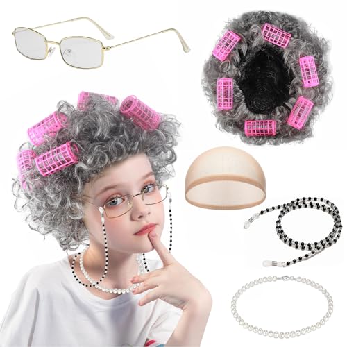 TIVUNORON Alte Dame Cosplay Set, 5 Stück Kostüm Für Alte Dame, Old Lady Kostüm Mit Oma Perücke Halskette Kappen Brille Und Kette, Für Halloween, Karneval, Maskerade TIVUNORON Alte Dame Cosplay Set, 5 Stück Kostüm Für Alte Dame, Old Lady Kostüm Mit Oma Perücke Halskette Kappen Brille Und Kette, Für Halloween, Karneval, Maskerade von TIVUNORON