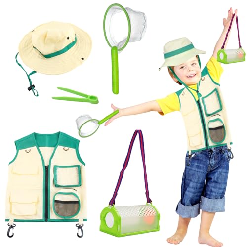 TIVUNORON Entdeckerweste für Kinder, Forscherset für Kinder, Outdoor Adventurer Set mit Weste Erkundungshut Schmetterlingsnetz Habitat Box Pinzette, Forscher Kostüm Outdoor Spielzeug von TIVUNORON