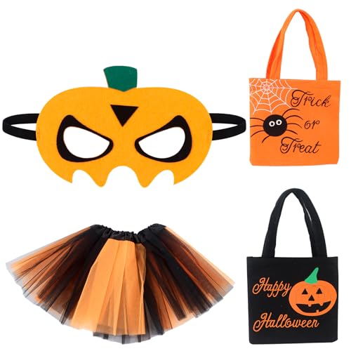 TIVUNORON Halloween Kürbis Kostüm Mädchen, Mädchen Halloween Kürbis Cosplay Set, Kürbis Tutu-Rock Halloween Kinder Kürbis Maske, 2 Pcs Halloween Süßigkeiten Tasche, Geschenke für Kürbis Spooky Outfits von TIVUNORON