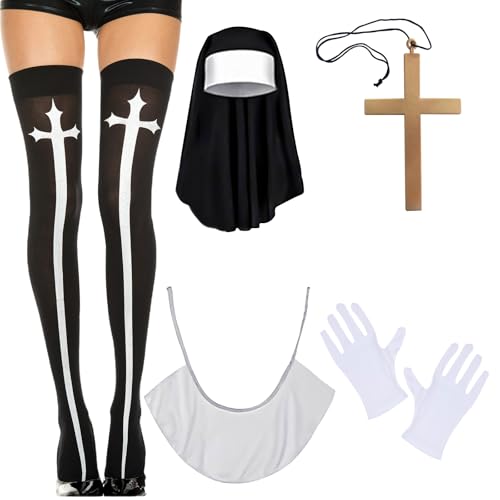 TIVUNORON Halloween Nonnen Kostüm Zubehör, Nonnen Kopfschmuck Kragen Kreuz Halskette Handschuhe Dem Knie Socken, Kostüm Nonne Zubehör Für Halloween Cosplay Karneval TIVUNORON Halloween Nonnen Kostüm Zubehör, Nonnen Kopfschmuck Kragen Kreuz Halskette Handschuhe Dem Knie Socken, Kostüm Nonne Zubehör Für Halloween Cosplay Karneval von TIVUNORON
