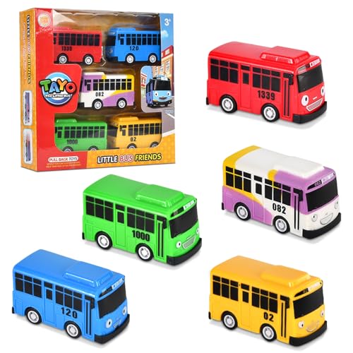 TIVUNORON Mini Bus Spielzeug, 5 Stück Bus Modell Spielzeug, Mini Pull Back Spielzeugautos, Mini Cartoon Schulbus Spielzeugautos, Kinder Bus Modell Spielzeugautos Set, Kindergeburtstag Geschenk von TIVUNORON