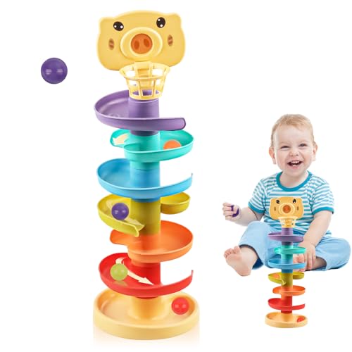 TIVUNORON Regenbogen Kugelturm Motorikspielzeug, Bunte Kugelturm Rollbahn, Bunte Rolling Ball Stapelturm Spielzeug, Bunte Rollbahn Kugelturm Lernspielzeug, Motorikspielzeug für Kinder von TIVUNORON