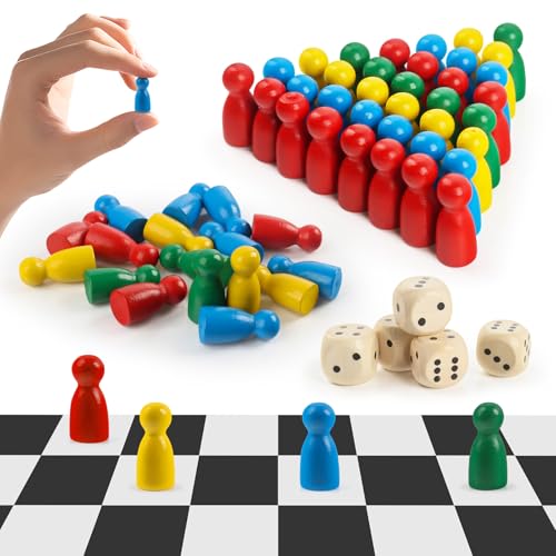 TIVUNORON Spielfiguren aus Holz für Brettspiele, 80 Stück Bunte Spielfiguren(4 Farben) und 5 Stück Würfel aus Holz, hölzerne Halmakegel für Desktop Puzzle Spielzeug von TIVUNORON