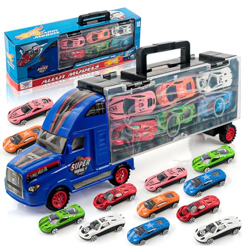 Transport Truck Spielzeugautos mit 12 Stück Mini Auto Set, Tragbares Metall Spielzeugautos für Kinder Jungen und Mädchen Transport Truck Spielzeugautos mit 12 Stück Mini Auto Set, Tragbares Metall Spielzeugautos für Kinder Jungen und Mädchen von TIVUNORON
