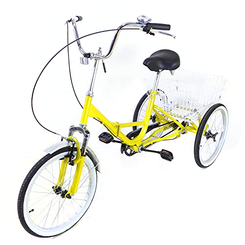 Dreirad Für Erwachsene 20" Klappbar Tricycle, Dreirad Erwachsene Rikscha Fahrrad 1 Gang mit 3 Rädern und Korb, Geschenk für 25-75 Jahre Adult, Gelb von TIXBYGO