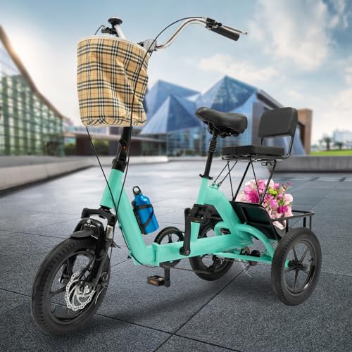 14 Zoll Dreirad für Erwachsene, Dreirad Fahrrad 3 Räder Lastenfahrrad, Tricycle for Adults Klappbar 3 Rad Fahrrad für Erwachsene & Kinder mit Einkaufskorb & Rückenlehne (grün) von TIXBYGO