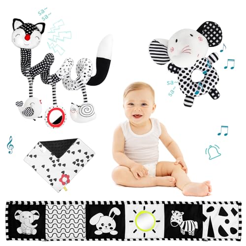 TIYINRACK Autositz-Spielzeug für Babys von 0–6 Monaten, schwarz-weiß, hängende Rassel für Kinderbett, kontrastreiches Babyspielzeug für Neugeborene, sensorisches Spielzeug, bestes Geschenk für 0–6, von TIYINRACK