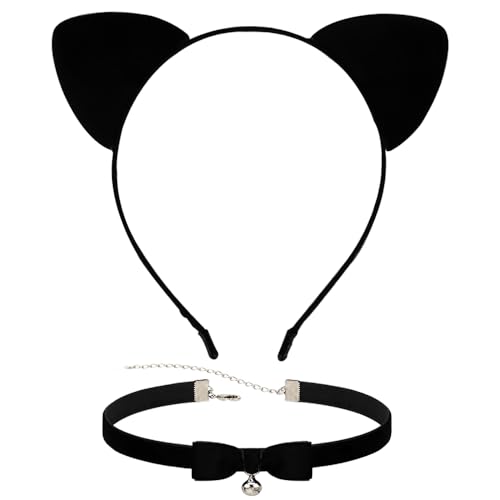 TIutmivo Katzenohren Stirnband, Katze Haarbänder Haarschmuck, Cat Ears Stirnban, Katze Ohren Stirnband mit Halskette, für Frauen Mädchen Cosplay Kostümfest Schwarz von TIutmivo