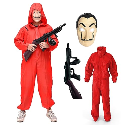 TK Gruppe Timo Klingler 3 in 1 Unisex Kostüm Set - Haus des Geldes für Erwachsene Unisex mit Dali Salvador Maske, Gewehr, Anzug für Fasching & Halloween (XL-XXL / 180-200 cm) von TK Gruppe Timo Klingler