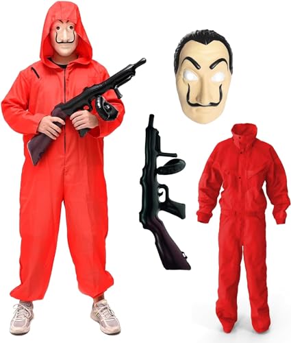 TK Gruppe Timo Klingler Kostümheld® 3 in 1 Unisex Kostüm Set - Haus des Geldes für Erwachsene Unisex mit Dali Salvador Maske, Gewehr, Anzug für Fasching & Halloween (XL-XXL / 180-200 cm) von TK Gruppe Timo Klingler