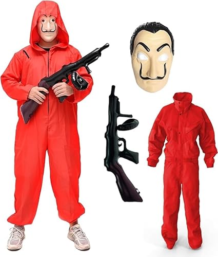 TK Gruppe Timo Klingler Haus des Geldes Kostüm Set - 3 in 1 Unisex für Erwachsene Unisex mit Dali Salvador Maske, Gewehr, Anzug für Fasching & Halloween (160-180 cm (XL)) von TK Gruppe Timo Klingler