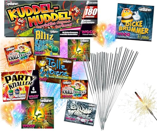 TK Gruppe Timo Klingler Happy Sparks® 5X XXL Set Happy Sparks® 180 Teile Kuddelmudel - 3 in 1 Jugendfeuerwerk Tischfeuerwerk für Partys & Feuerwerk Silvester Kat. F1 für Jugendlichen & Kinder 2024 von TK Gruppe Timo Klingler