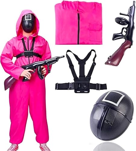 TK Gruppe Timo Klingler 5x Kostümheld® The Game Squid 4 in 1 Unisex - Set Kostüm mit Anzug & Gewehr & Maske - Erwachsene für Fasching & Karneval & Halloween (160-190cm) (5) von TK Gruppe Timo Klingler