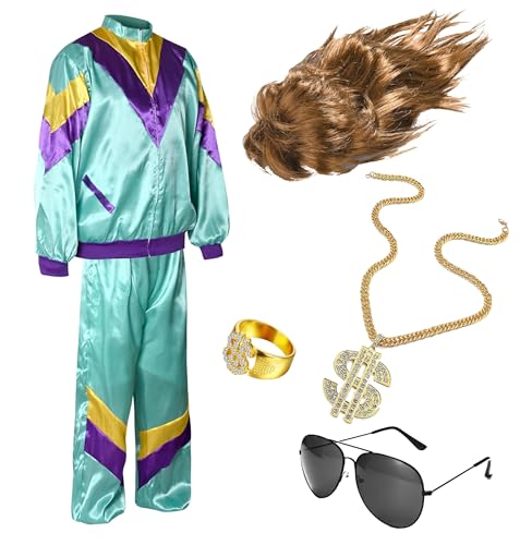 TK Gruppe Timo Klingler Kostümheld® 3x Vokuhila 6 in 1 Set 80er Outfit Kostüm mit Unisex Trainingsanzug, Assi Perücke, Goldkette, Brille - für Fasching & Karneval (170-190 cm) von TK Gruppe Timo Klingler