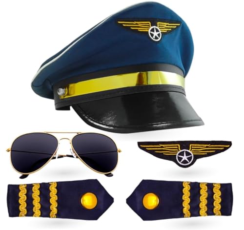 Pilot Set Kapitän Fasching Karneval für Herren Kostüm mit Schulterklappen Streifen, Pilotenhut, Pilotenmütze, Abzeichen für Pilotenkostüm von TK Gruppe Timo Klingler