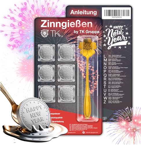 Happysparks® 7er Zinngießen mit Zinn Giessen wie Bleigießen Bleigiessen mit & Löffel & Orakelheft mit Deutungen - Gesellschaftspiele & Partyspiele 2025 Feuerwerk Silvester Neujahr von TK Gruppe Timo Klingler