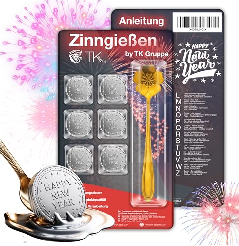 happy sparks® 35x (5x 7er) Zinngießen mit Zinn Giessen wie Bleigießen Bleigiessen mit & Löffel & Orakelheft mit Deutungen - Gesellschaftspiele & Partyspiele 2025 Feuerwerk Silvester Neujahr von TK Gruppe Timo Klingler