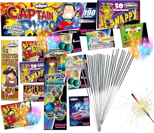 happy sparks® 5x XXL SET 190 Teile Captain Pyro Jugendfeuerwerk Tischfeuerwerk mit Tischbomben & Wunderkerzen & Knallerbsen uvm für Partys & Feuerwerk Silvester Kat. F1 für Jugendlichen & Kinder 2024 von TK Gruppe Timo Klingler