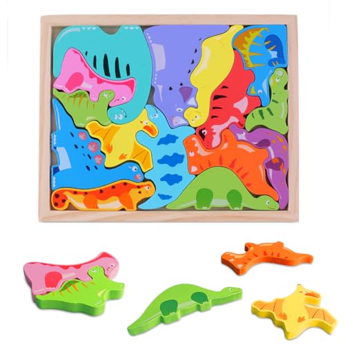 TK99SW Holzpuzzle Dinosaurier, Montessori Kinder Holz Puzzle Spielzeug Motorikspielzeug Lernspiele Mit 15 Stück Dinosaurier Puzzle Für Holz Geschenk Für Kinder Jungen Mädchen Ab 2 3 4 5 Jahre von TK99SW