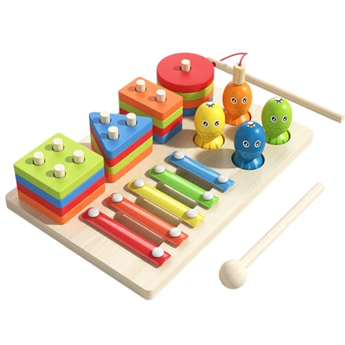 TK99SW 3 In 1 Montessori Spielzeug, Holz Lerns Musik Spielzeug Stapelspielzeug Farbformsortierer Magnetisches Angelspiel Xylophon Für Ab 2 3 4 5 Jahr Alte Jungen Und MäDchen von TK99SW