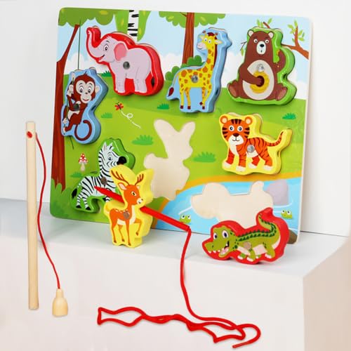 TK99SW Magnetisches Angelspiel, Hölzerne Montessori Lernspielzeug Feinmotorik Spielzeug Kinderspiele Mit 8 Magnet Tiere Und 1 Angelruten Geschenk Für Kinder Junge Mädchen Ab 2 3 4 5 Jahre von TK99SW