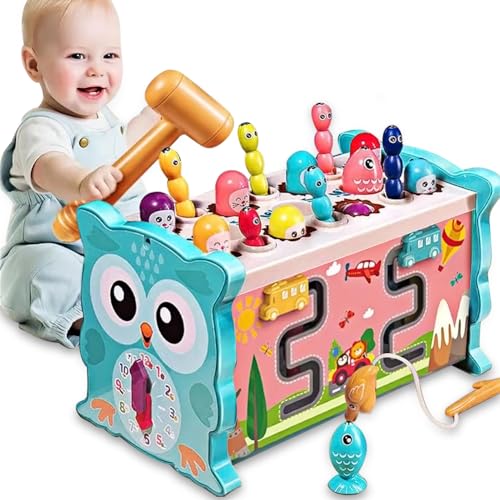 TK99SW Montessori Spielzeug ab 2 3 4 5 Jahre, Eule Version Kinder Lernspielzeug,Hammer,Angel,Labyrinth&Zahnrad,Lernuhr Würmer,fangen Spiel Geschenke für Jungen und Mädchen von TK99SW