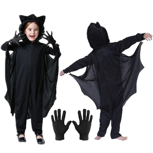 TKGEOUE Fledermaus Kostüm Kinder,Fledermaus Kostüm Kinder Halloween Umhang,mit Kapuze und Handschuh, Fledermaus-Cape mit Kapuze,Kinder Fledermaus Umhang für Halloween,Cosplay,Karneval (L) von TKGEOUE