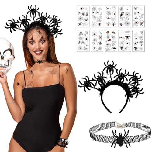 TKGEOUE Spinne Haarreifen，Fledermaus Haarreifen ，Glänzendes Fledermaus Kopfschmuck Halskette，Halskette Spinnen，Halloween Temporäre Tattoos，für Kinder Halloween Party Cosplay. (A) von TKGEOUE