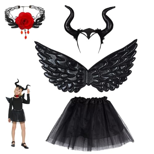 TKGEOUE Teufel Kostüm Mädchen, 4 Stück Königin Hörner Kostüm,Maleficent Karneval Kostüm Mädchen Hexenkostüm Kinder,Karneval Kostüm，für Halloween Karneval Fasching Cosplay Party. von TKGEOUE