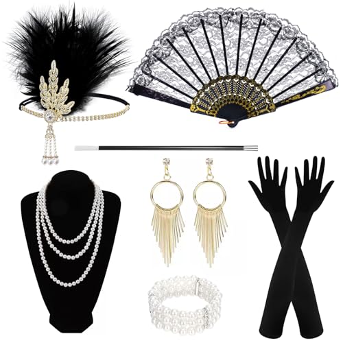 20er Jahre Accessoires Damen, 9 Stück 1920er Jahre Kostüm Damen Accessoires, Charleston Gatsby Accessoires Damen, Karneval Great Gatsby Kleid Outfit Accessoires für Karneval Flapper Fasching Halloween von TLDNZXY