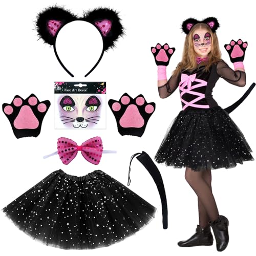 Katzenkostüm Kinder,6er Carnival Tierkostüm Set für Kinder mit Tutu Rock Kinder, Katzenohren,Cosplay Tail, Handschuhe,Schleif Fliege,Gesicht Aufkleber,Tierkostüm Cosplay für Halloween Karneval Party von TLDNZXY