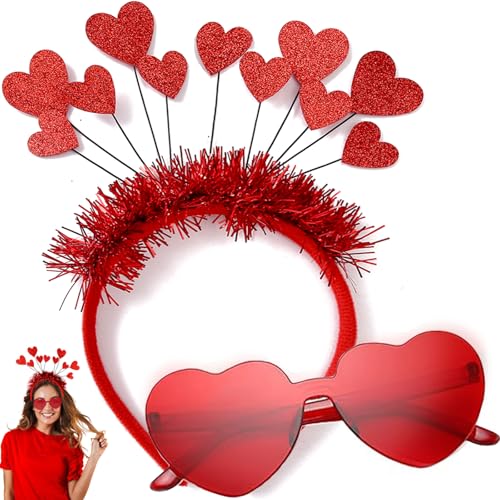 Herz Haarreif Rot Herz Sonnenbrille Herzform Karneval Amor Kostüm Accessoires Damen, Glitzer Amor Haarreif + Herzbrille Rot, Fasching Brille Herzhaarreif Haarband für Valentinstag Geburtstag Party von TLDNZXY