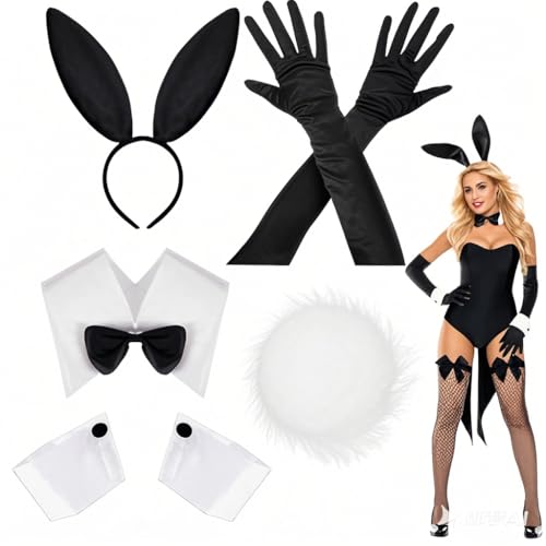 TLDNZXY Damen Bunny Kostüm Set mit Kaninchenohr Stirnband, Handschuhe,Manschetten, Kragen Fliege, Kaninchen Schwanz Hasenkostüm Bunny Zubehör für Halloween Weihnachten Cosplay Party von TLDNZXY