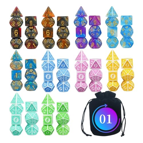 Würfelset 70Pcs 10Set Polyhedral Kunststoff Würfel Set Mit Schwarz Tasche D4 D20 Geeignet for DND Rolle Spielen Spiel Tisch Spiel farbige Würfel(01) von TMAOZW